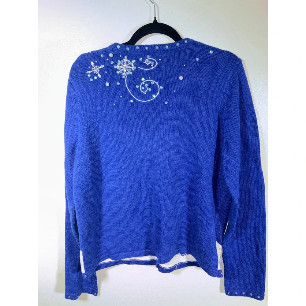 Kim Rogers Christmas Cardigan‎ Women Sz L Blue Santa Snowman Beaded Ugly Sweater